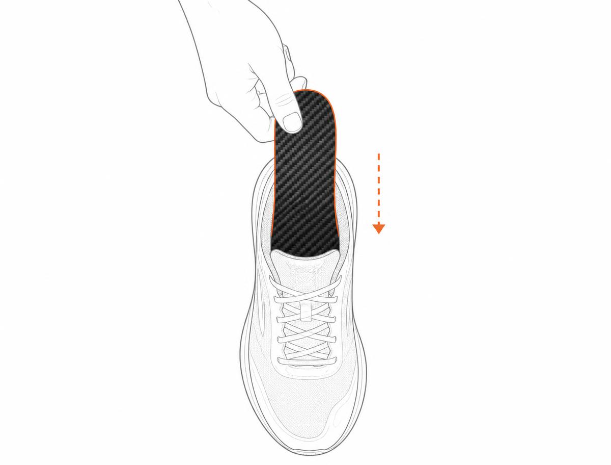 Top-down line illustration of a hand lowering a CRBN carbon insert into a running shoe from above