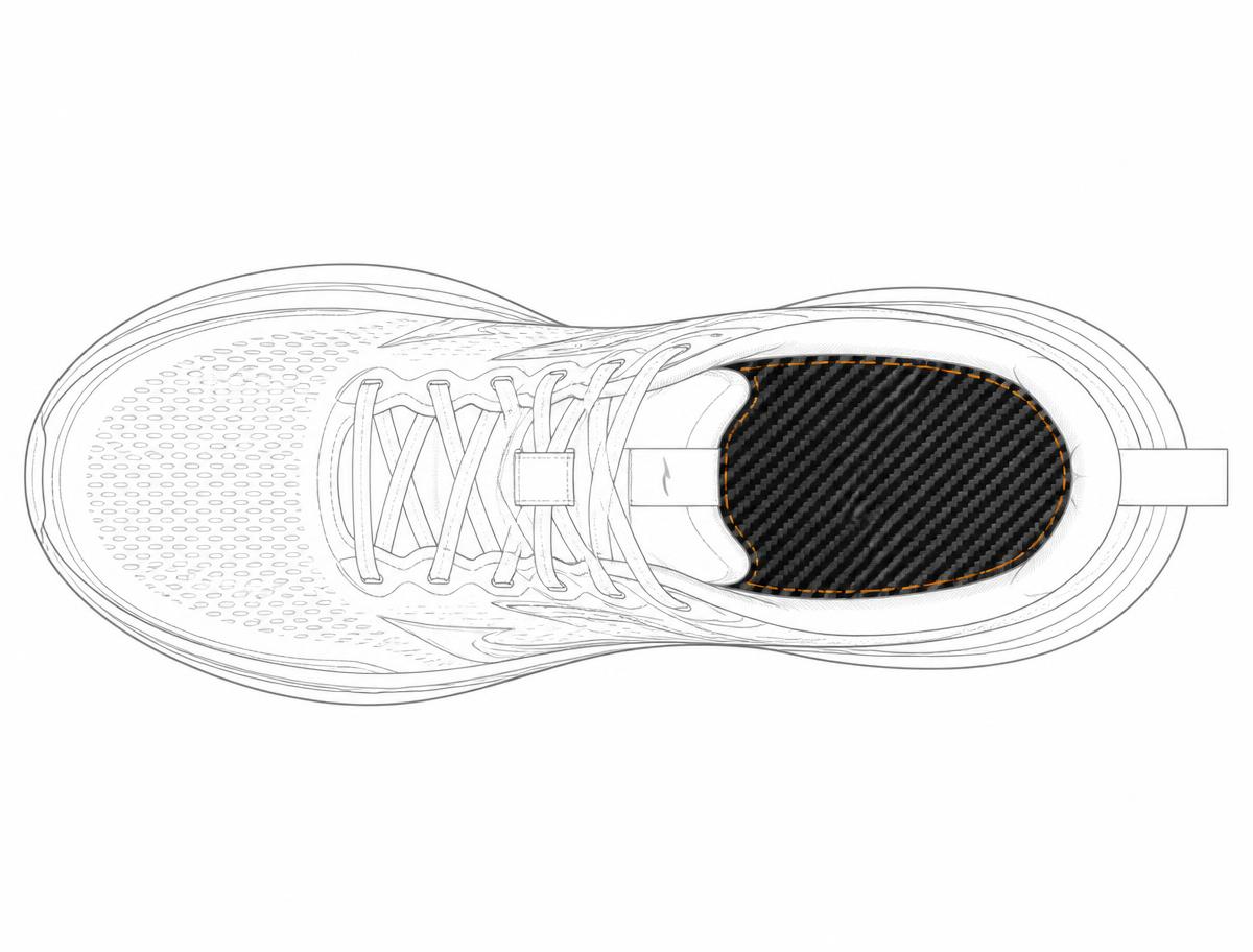 Top-down line illustration of a running shoe with the CRBN insert fully seated inside